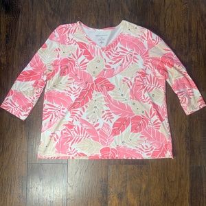XL Pink Floral Bead V-neck Blouse, 3/4 sleeves palm plant tropical Alfred Dunner